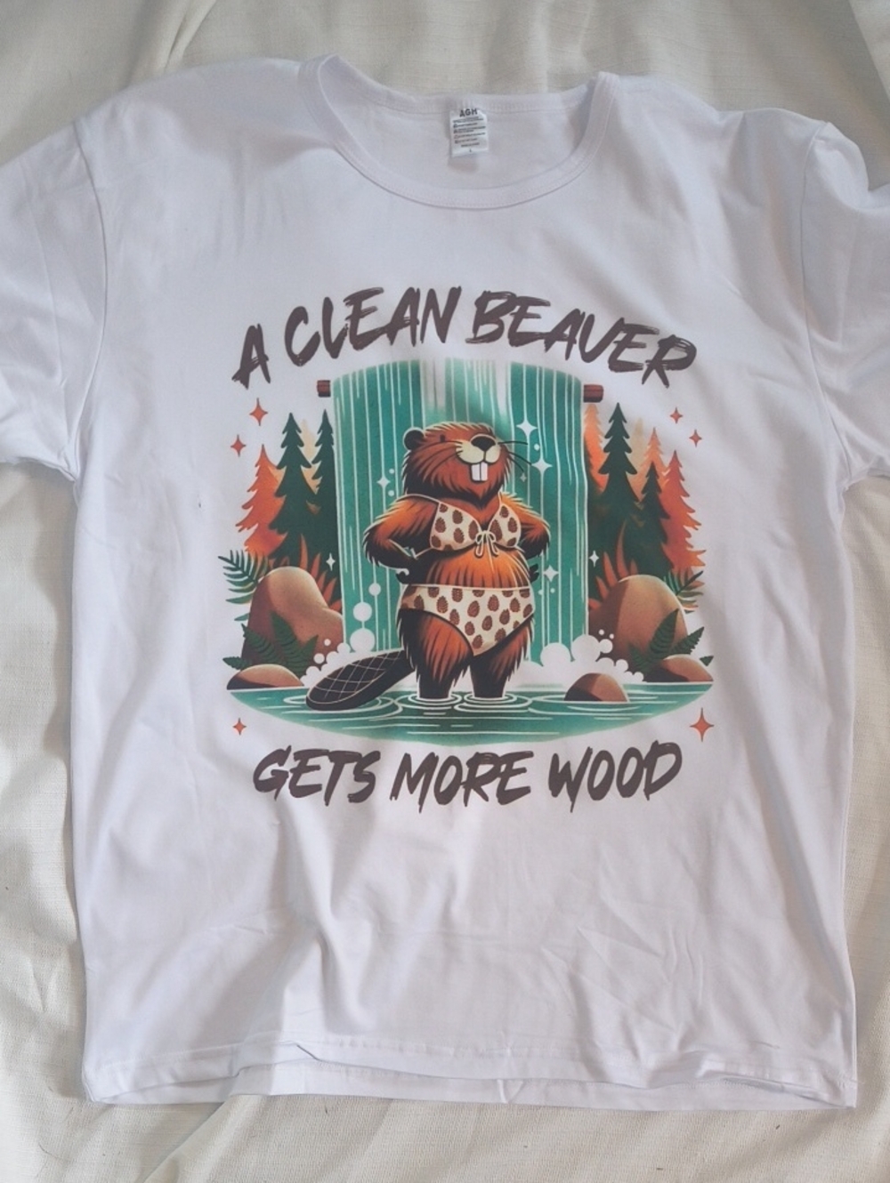 Ag Adriano Goldschmied White Tee with Green and Orange Beaver Graphic